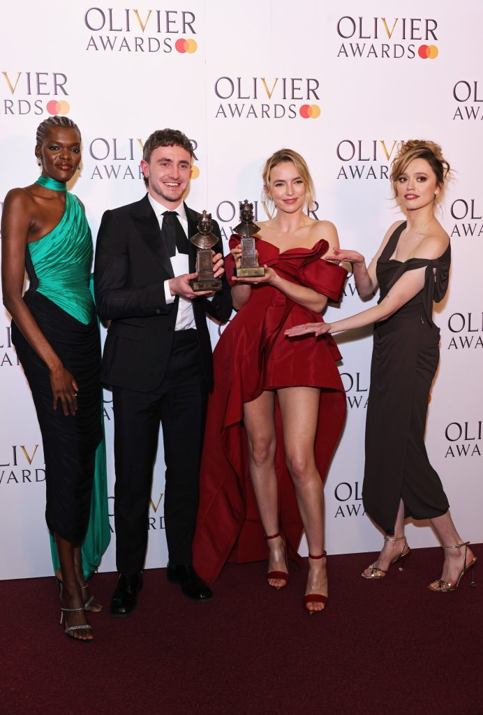 Sheila Atim, Paul Mescal, Jodie Comer and Aimee Lou Wood pose in the winner's room at The Olivier Awards 2023