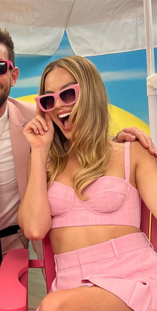 Margot Robbie Spotted in Pink Ensemble with Bottega Veneta Bag at 'Barbie' Press Tour in Los Angeles