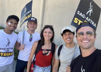 Glen Powell Danny Ramirez and Monica Barbaro joined the SAG-AFTRA Protest in Los Angeles