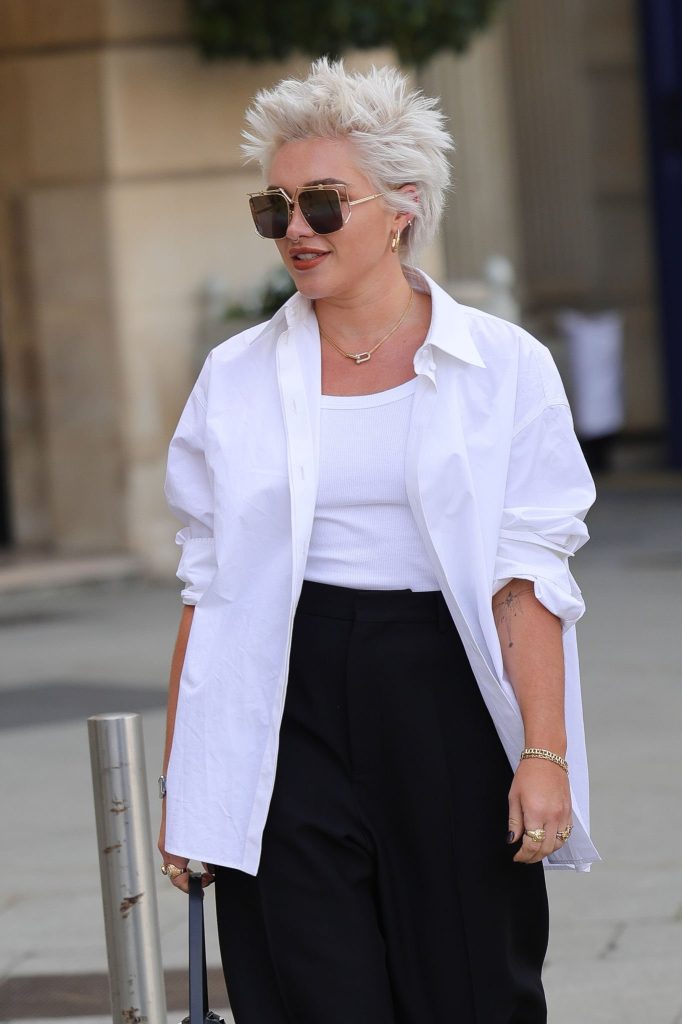 Florence Pugh Arrives with Grey Hair for Paris Fashion Week