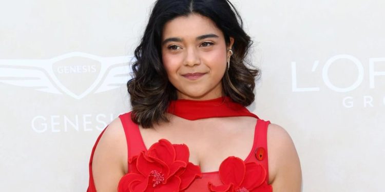 Iman Vellani Wears Artists4Ceasefire Red Pin at 2024 Gold Gala in Los Angeles