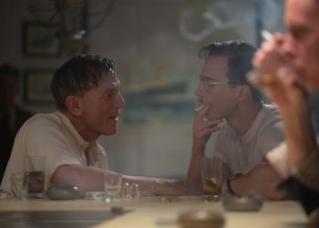 Drew Starkey rehearsing with Daniel Craig in Queer