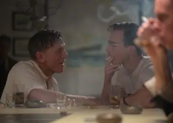 Drew Starkey rehearsing with Daniel Craig in Queer