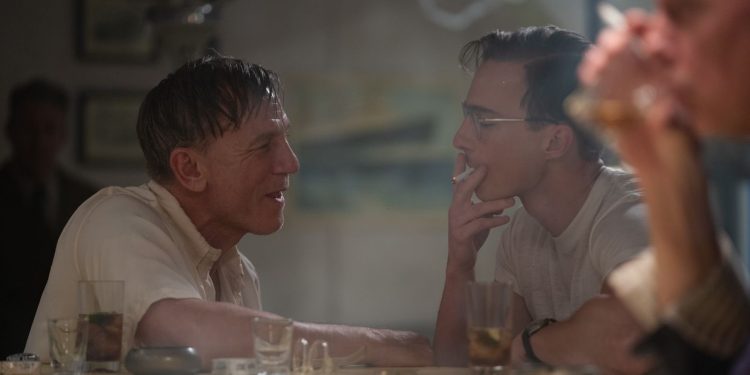 Drew Starkey rehearsing with Daniel Craig in Queer