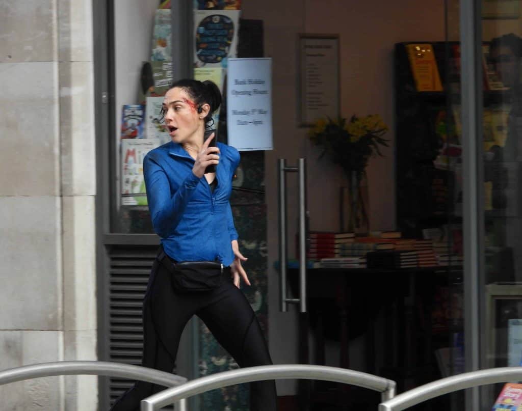 Gal Gadot on set in London filming Kevin Macdonald’s action thriller The Runner for Amazon Studios