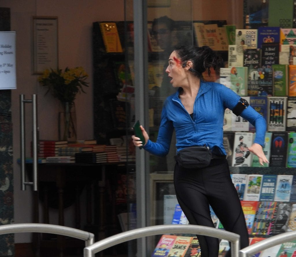 Gal Gadot on set in London filming Kevin Macdonald’s action thriller The Runner for Amazon Studios