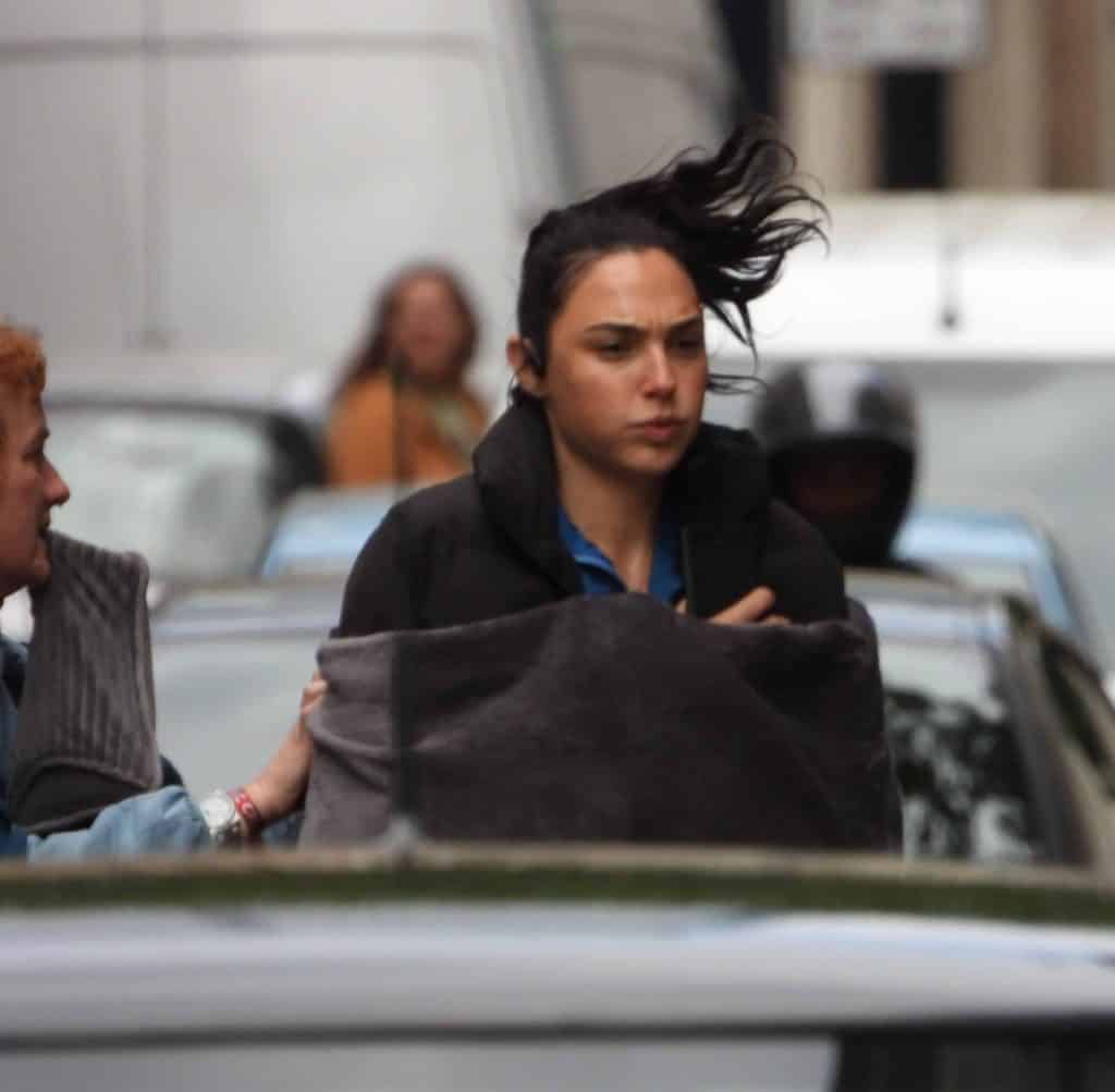 Gal Gadot on set in London filming Kevin Macdonald’s action thriller The Runner for Amazon Studios