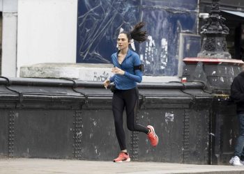 Gal Gadot on set in London filming Kevin Macdonald’s action thriller The Runner for Amazon Studios