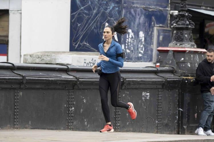 Gal Gadot on set in London filming Kevin Macdonald’s action thriller The Runner for Amazon Studios