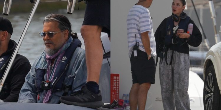 Johnny Depp and Madelyn Cline were seen filming Day Drinker aboard the vintage yacht Nero near Barcelona.