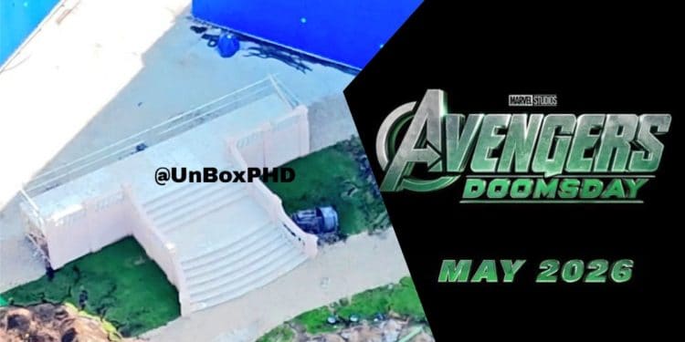 A new Avengers: Doomsday set leak from the UK reveals a hidden house entrance, possibly the iconic X-Mansion, behind a large blue screen.