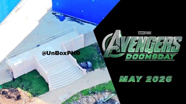 A new Avengers: Doomsday set leak from the UK reveals a hidden house entrance, possibly the iconic X-Mansion, behind a large blue screen.