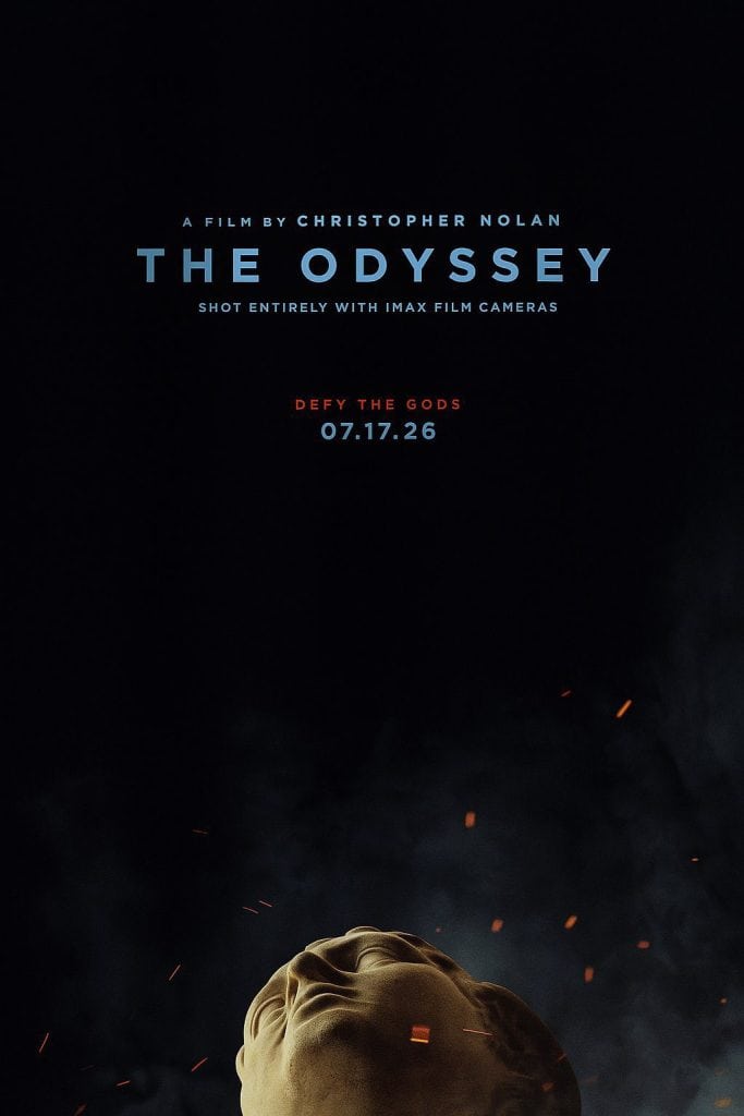 The first poster for Christopher Nolan’s The Odyssey has been revealed, featuring a sculpted Greek statue, the tagline “Defy the Gods,” and confirmation that it was shot entirely with IMAX film cameras. The teaser trailer is expected next week.