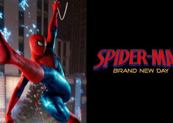 Spider-Man swinging through New York City with shadowy figures of rumored villains in the background, teasing the male and female antagonists in Marvel's 'Spider-Man: Brand New Day'