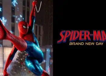 Spider-Man swinging through New York City with shadowy figures of rumored villains in the background, teasing the male and female antagonists in Marvel's 'Spider-Man: Brand New Day'
