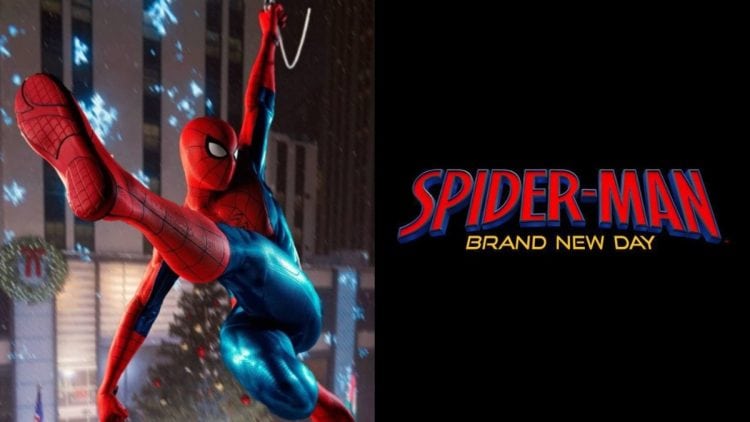 Spider-Man swinging through New York City with shadowy figures of rumored villains in the background, teasing the male and female antagonists in Marvel's 'Spider-Man: Brand New Day'