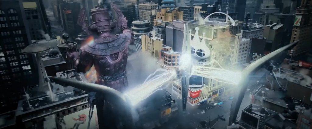 New images reveal Galactus (Ralph Ineson) in an epic battle against the Fantastic Four on Earth-828 in Marvel’s The Fantastic Four: First Steps.