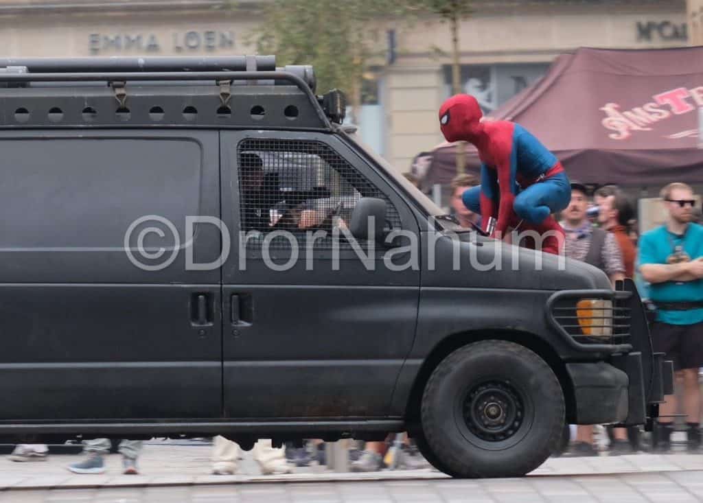 A look at Spider-Man riding on The Punisher van on the set of ‘Spider-Man: Brand New Day’.