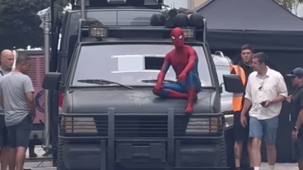 The first look at Tom Holland’s Spider-Man atop the Punisher van on the set of Marvel’s Spider-Man: Brand New Day in Glasgow, Scotland has been revealed.