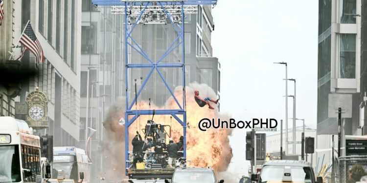 Tom Holland spotted filming a web-swinging explosion scene for Spider-Man: Brand New Day. Set footage and images surface online.