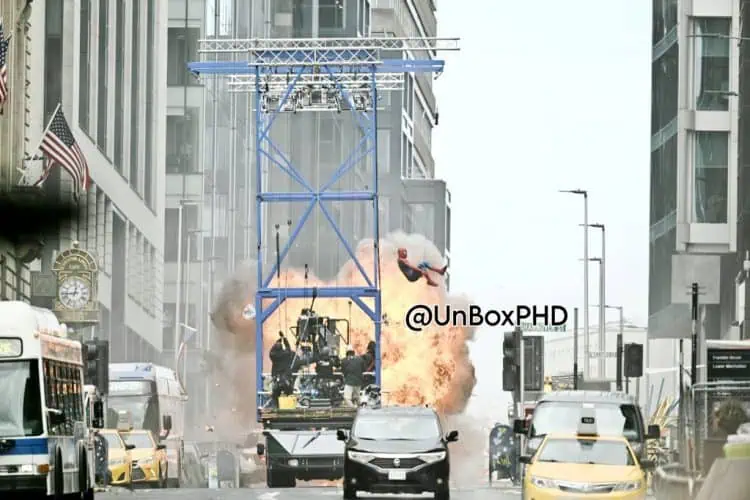 Tom Holland spotted filming a web-swinging explosion scene for Spider-Man: Brand New Day. Set footage and images surface online.