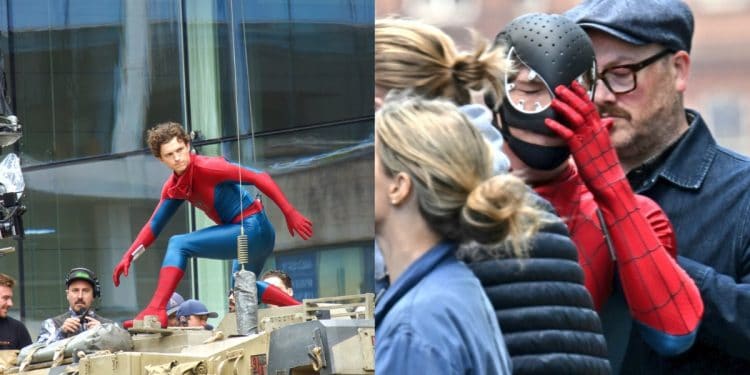 A new set photo from Spider-Man: Brand New Day shows Tom Holland in his Spider-Man suit wearing a black protective face mask, likely used between takes or before putting on the actual mask.