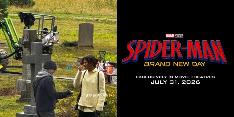First-look images show Tom Holland and Zendaya on the set of Spider-Man: Brand New Day in London, visiting Aunt May’s grave during filming.