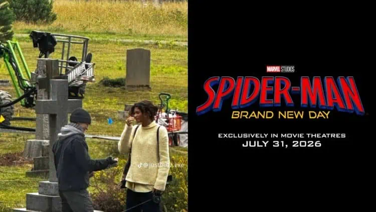 First-look images show Tom Holland and Zendaya on the set of Spider-Man: Brand New Day in London, visiting Aunt May’s grave during filming.