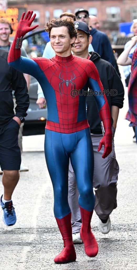Tom Holland has been spotted on the set of Spider-Man: Brand New Day in Glasgow, Scotland. A leaked photo reveals him in a new Spider-Man suit, waving to fans.