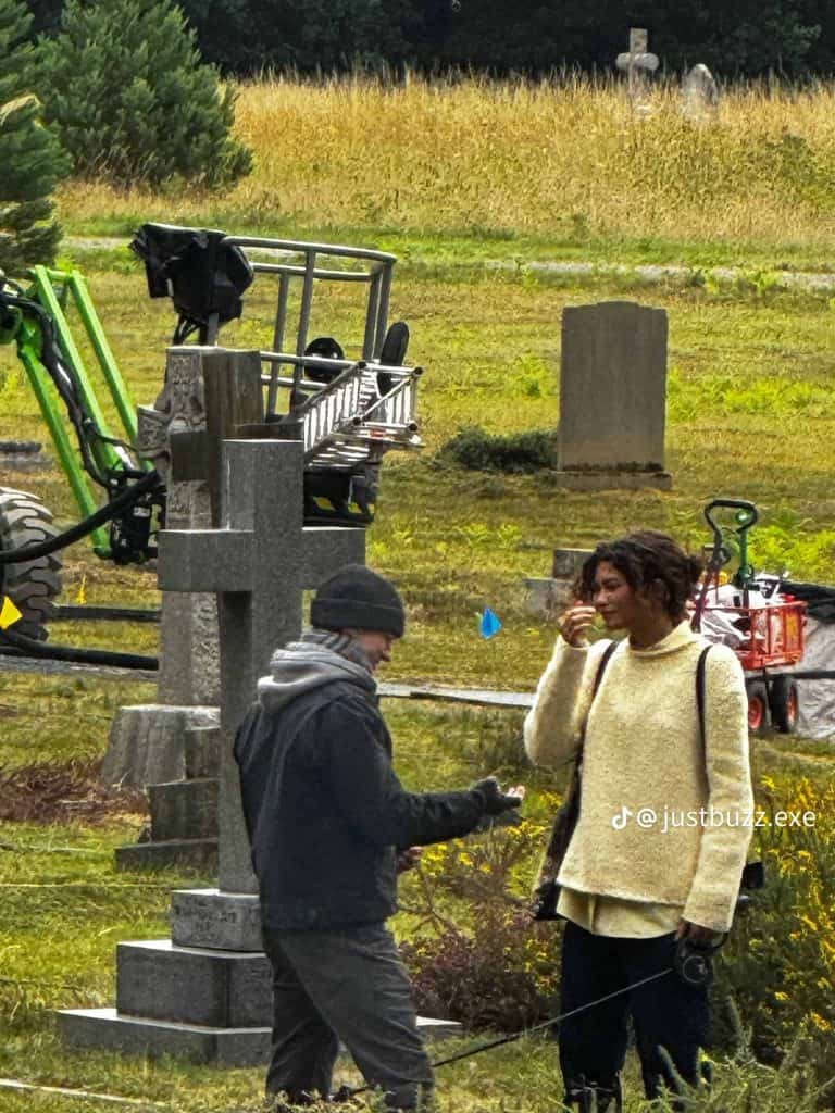 First-look images show Tom Holland and Zendaya on the set of Spider-Man: Brand New Day in London, visiting Aunt May’s grave during filming.