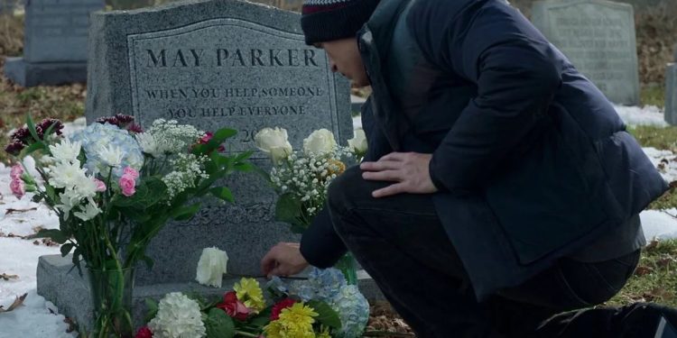 New set images from Marvel's Spider-Man: Brand New Day show Tom Holland's Peter Parker delivering flowers to Aunt May’s grave, filmed at Brookwood Cemetery in Surrey, London.