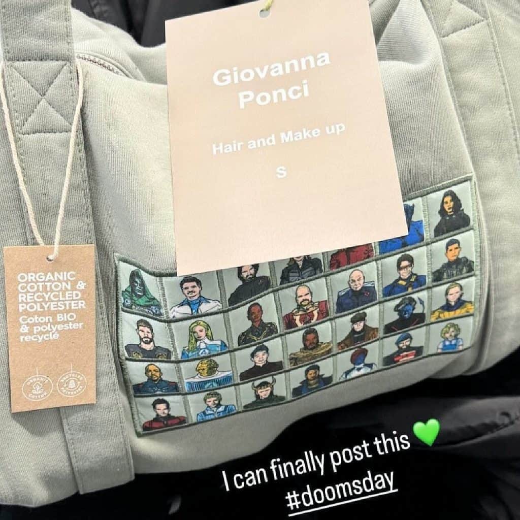 A first look at Avengers: Doomsday merch given to the crew reveals embroidered artwork of the characters’ costumes, including Doctor Doom, Thor, Captain America, and more.