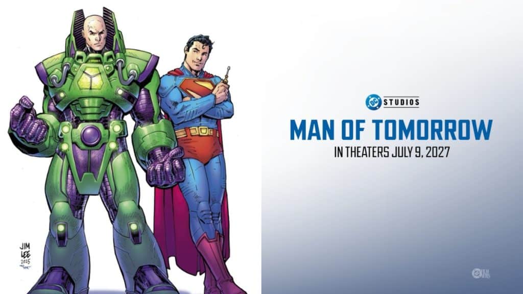 James Gunn officially announces Superman: Man of Tomorrow will release on July 9, 2027. The revealed artwork shows Superman standing beside Lex Luthor in his iconic green and purple power suit.
