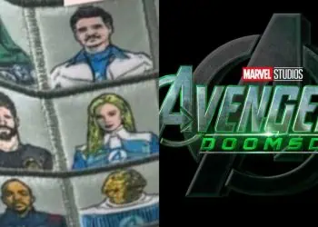 A first look at Avengers: Doomsday merch given to the crew reveals embroidered artwork of the characters’ costumes, including Doctor Doom, Thor, Captain America, and more.