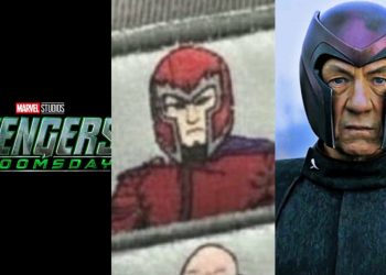 The first look at Ian McKellen’s Magneto in his new suit from Marvel’s Avengers: Doomsday has been revealed, featuring red armor and a purple cape, with classic comic book style X-Men characters in Earth-10005.