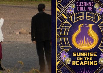 New set images from The Hunger Games: Sunrise on the Reaping reveal Whitney Peak as Lenore Dove and Scot Greenan as Burdock Everdeen, spotted filming between takes at Landschaftspark in Germany.