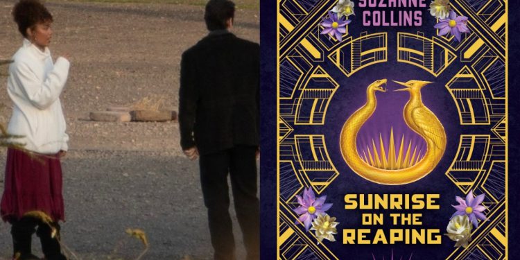 New set images from The Hunger Games: Sunrise on the Reaping reveal Whitney Peak as Lenore Dove and Scot Greenan as Burdock Everdeen, spotted filming between takes at Landschaftspark in Germany.