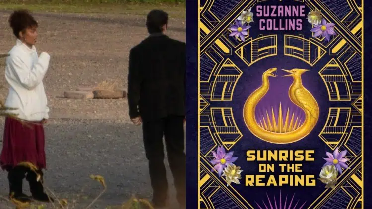New set images from The Hunger Games: Sunrise on the Reaping reveal Whitney Peak as Lenore Dove and Scot Greenan as Burdock Everdeen, spotted filming between takes at Landschaftspark in Germany.