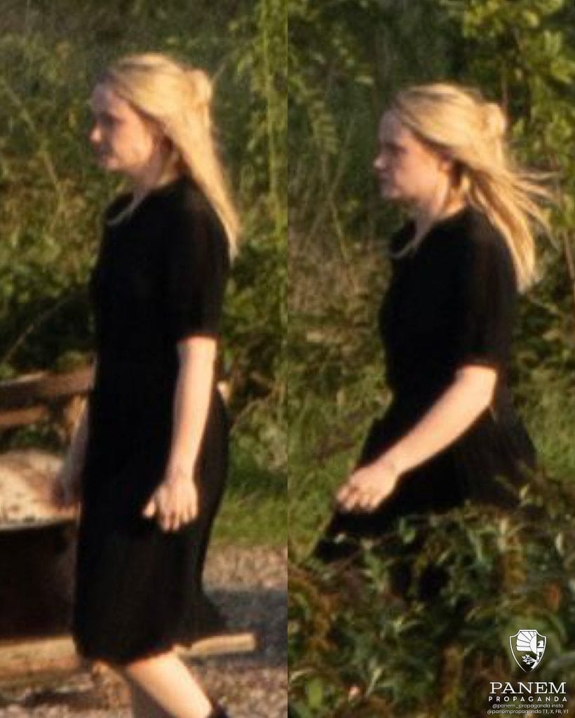 New set images from The Hunger Games: Sunrise on the Reaping reveal Whitney Peak as Lenore Dove and Scot Greenan as Burdock Everdeen, spotted filming between takes at Landschaftspark in Germany.