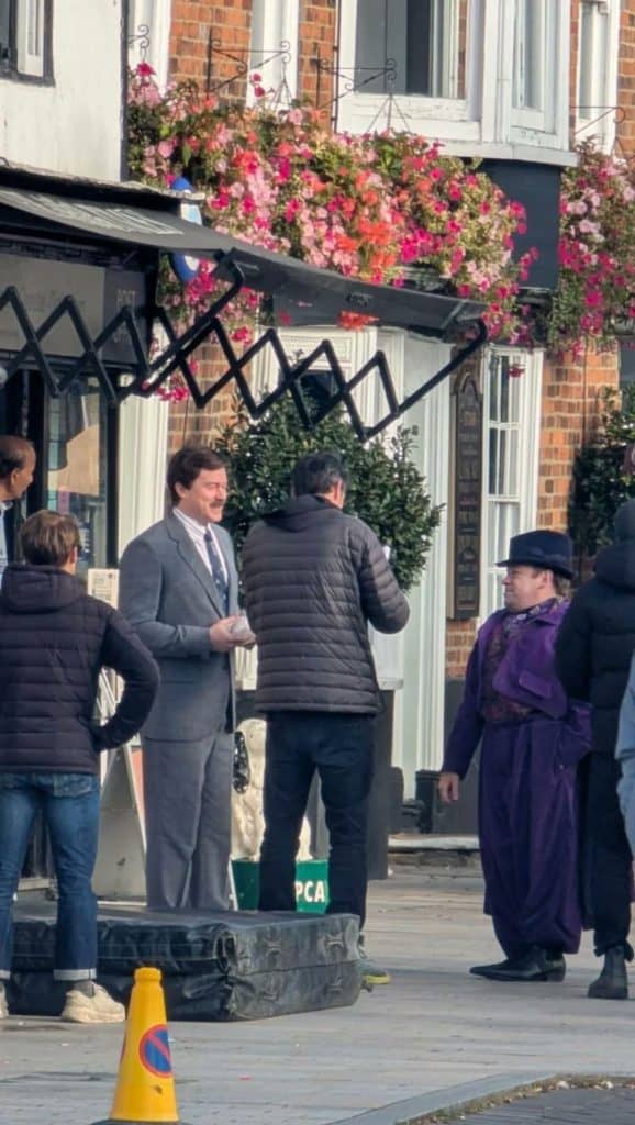 First look at Daniel Rigby as Vernon Dursley and Jon Furlong as Dedalus Diggle on the set of the Harry Potter series filming in Hoddesdon, England. Leaked images reveal a book-accurate opening scene not shown in the films.