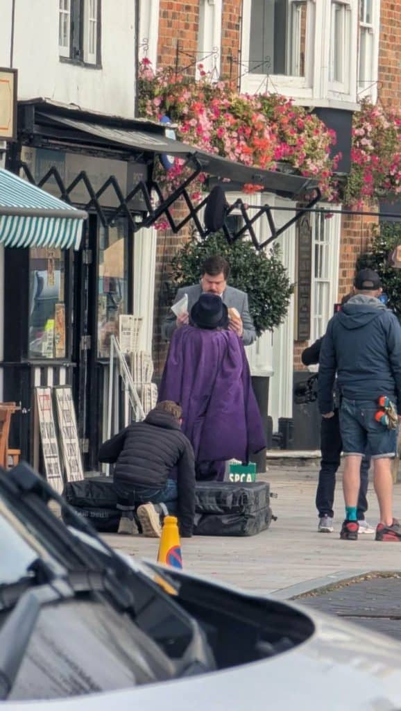 First look at Daniel Rigby as Vernon Dursley and Jon Furlong as Dedalus Diggle on the set of the Harry Potter series filming in Hoddesdon, England. Leaked images reveal a book-accurate opening scene not shown in the films.