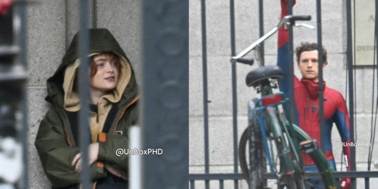 See Sadie Sink on the set of Marvel’s Spider-Man: Brand New Day with Tom Holland in London. She wears military-style boots and yellow pants, while director Destin Daniel Cretton is nearby.