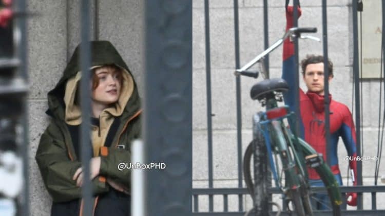 See Sadie Sink on the set of Marvel’s Spider-Man: Brand New Day with Tom Holland in London. She wears military-style boots and yellow pants, while director Destin Daniel Cretton is nearby.