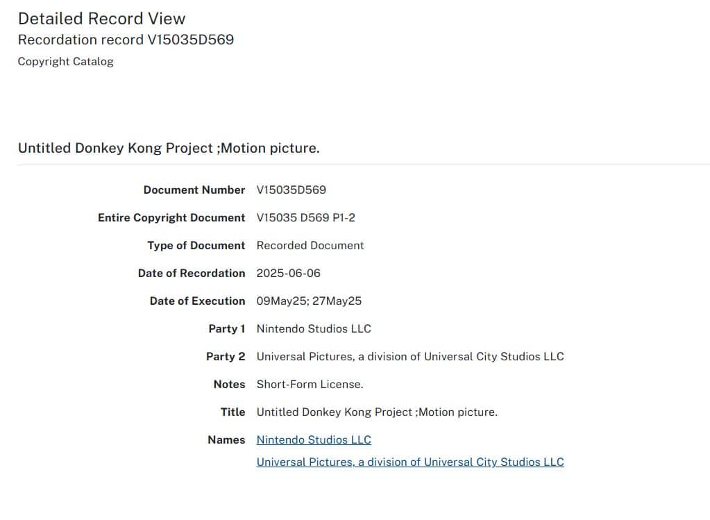 Nintendo Studios and Universal Pictures' Untitled Donkey Kong Project filing.