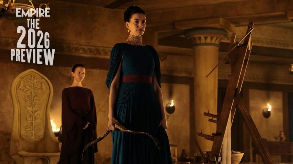 Exclusive first-look images from Christopher Nolan’s The Odyssey reveal Anne Hathaway as Penelope, Mia Goth as Melantho, and Tom Holland as Telemachus.