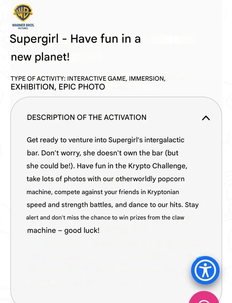 Description of Supergirl's activation inside the Warner stand at CCXP ✨ Apparently, they're going to recreate the intergalactic bar from the movie, some interaction with Krypto, an alien popcorn machine, a speed and strength challenge, and a claw machine for prizes