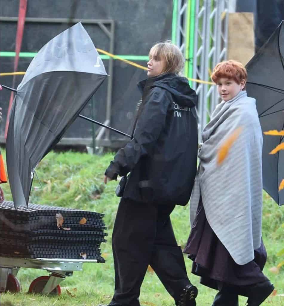 Leaked set images from the Harry Potter HBO series reveal Dominic McLaughlin, Rory Wilmot, Lox Pratt, and Alastair Stout filming at Ashridge Estate.