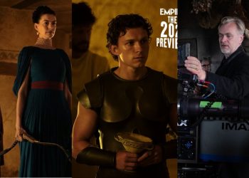 Exclusive first-look images from Christopher Nolan’s The Odyssey reveal Anne Hathaway as Penelope, Mia Goth as Melantho, and Tom Holland as Telemachus.