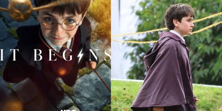 Leaked set images from the Harry Potter HBO series reveal Dominic McLaughlin, Rory Wilmot, Lox Pratt, and Alastair Stout filming at Ashridge Estate.