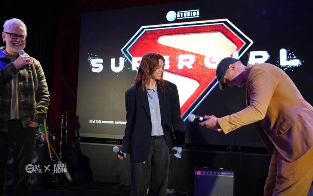 Milly Alcock, Craig Gillespie, and James Gunn at the Supergirl event.